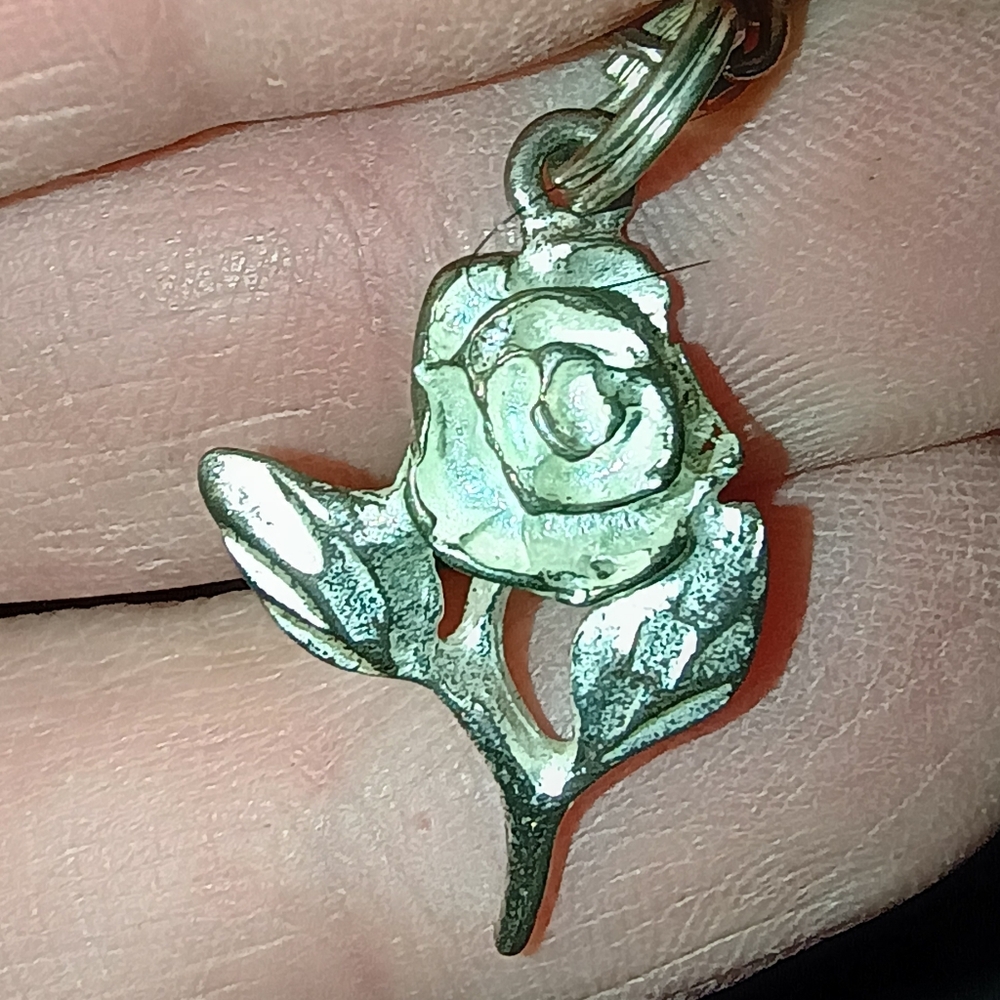 Vintage 925 Italian Silver Rose Charm On Figaro Chain Bracelet